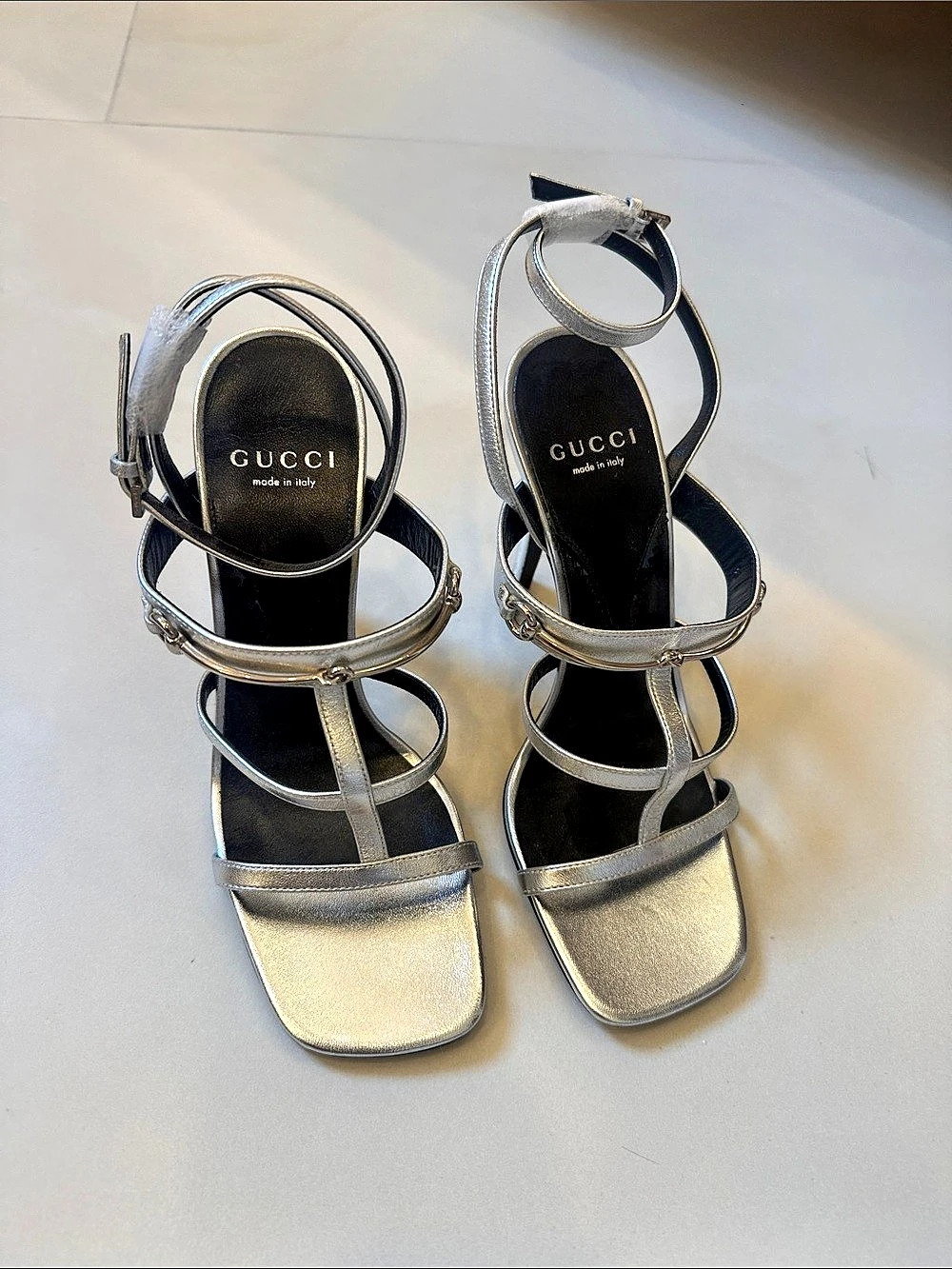 Gucci Metallic Silver Interlocking G Strappy Sandals Size 36